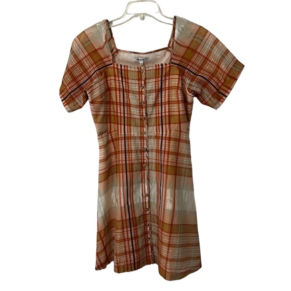 Madewell Silk Blend Orange Shimmer Plaid Mini Dress 2 NWT prairie boho - Picture 8 of 15